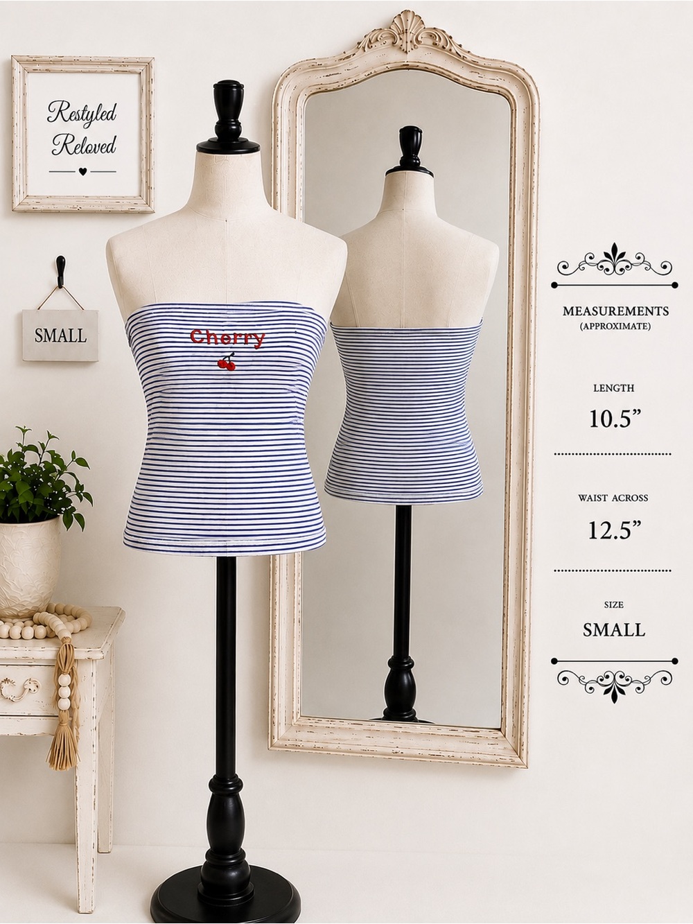 🍒 Butter Melon Cherry Striped Tube Top – White/Blue – Size Small – NWOT